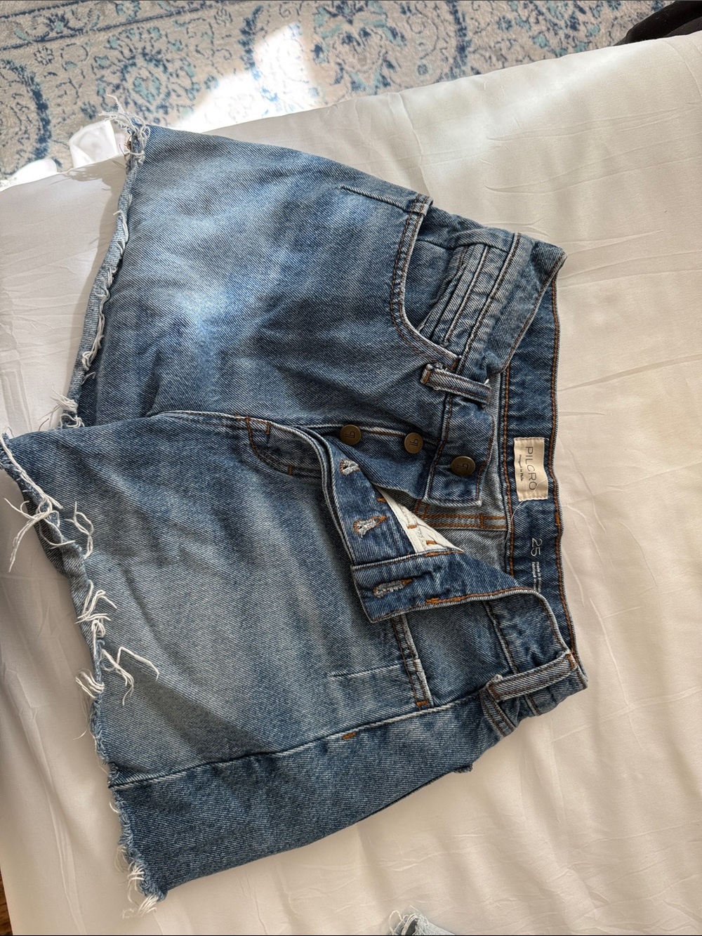 Anthropologie Triple-Button Frayed Denim Shorts - Light Blue
